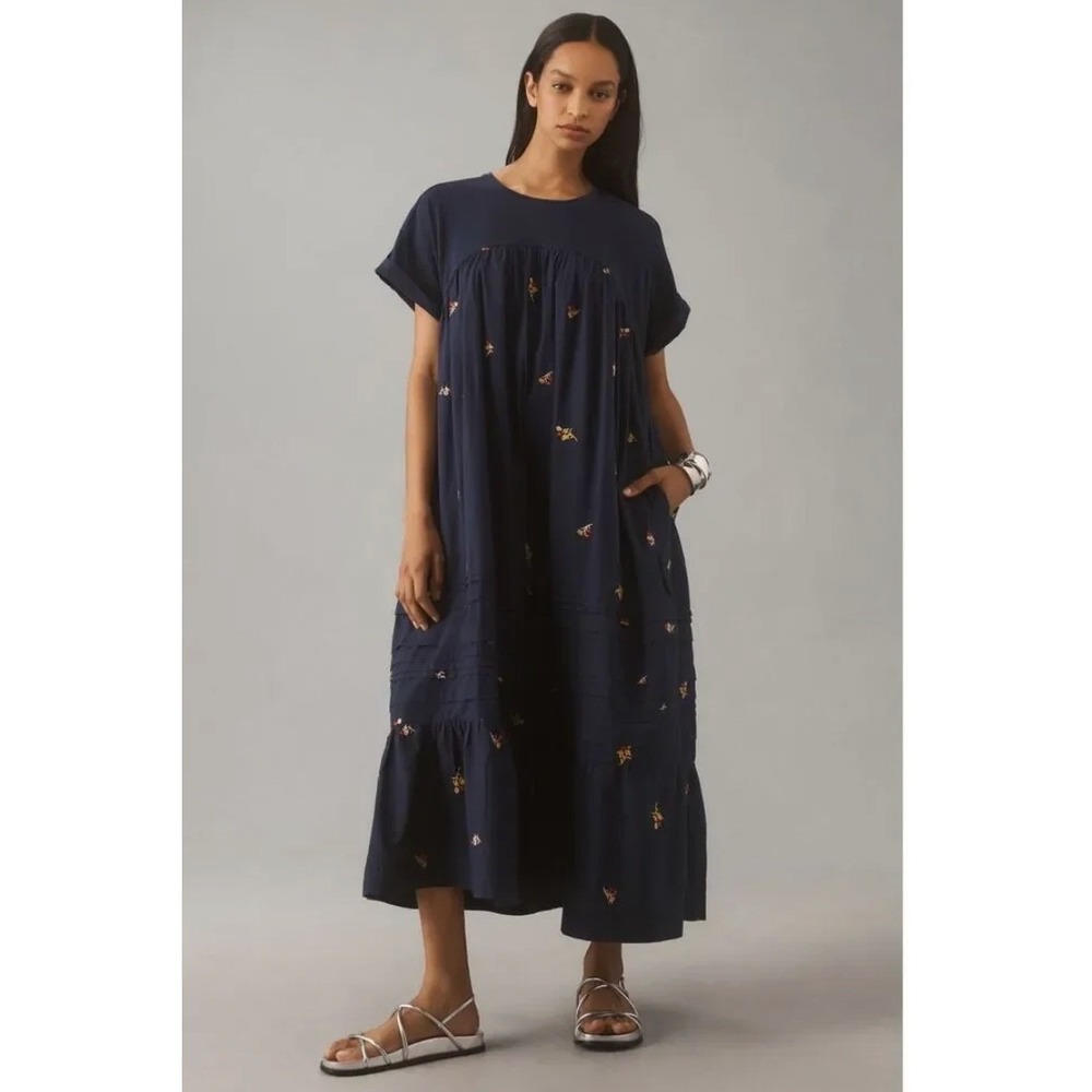 Anthropologie Pilcro Embroidered T-Shirt Maxi Dress XS Boho Floral Cottagecore